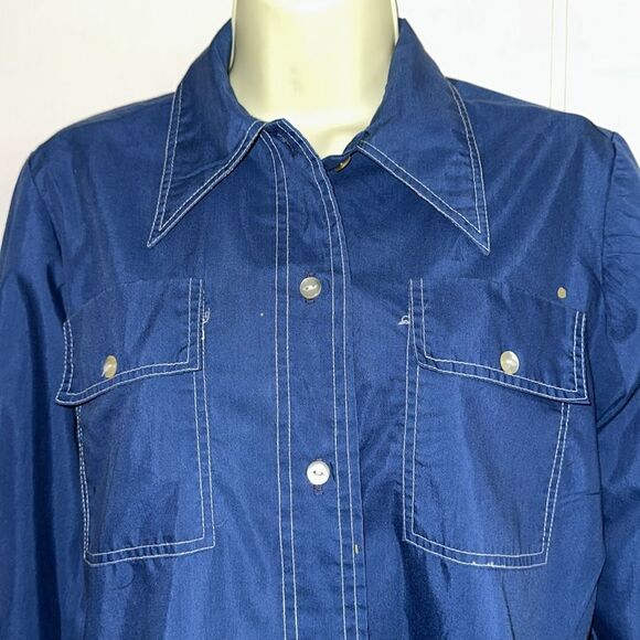 Vtg 70s Blue with White Stitching Long Tunic Polyester/Cotton Long Sleeve Shirt - Picture 2 of 9